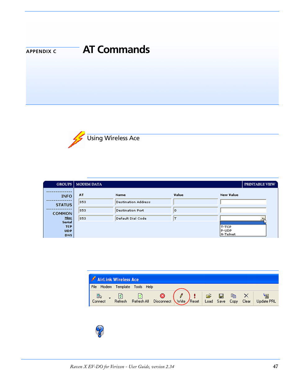 Appendix c at commands, Using wireless ace, At commands | Airlink X EV-DO User Manual | Page 53 / 145