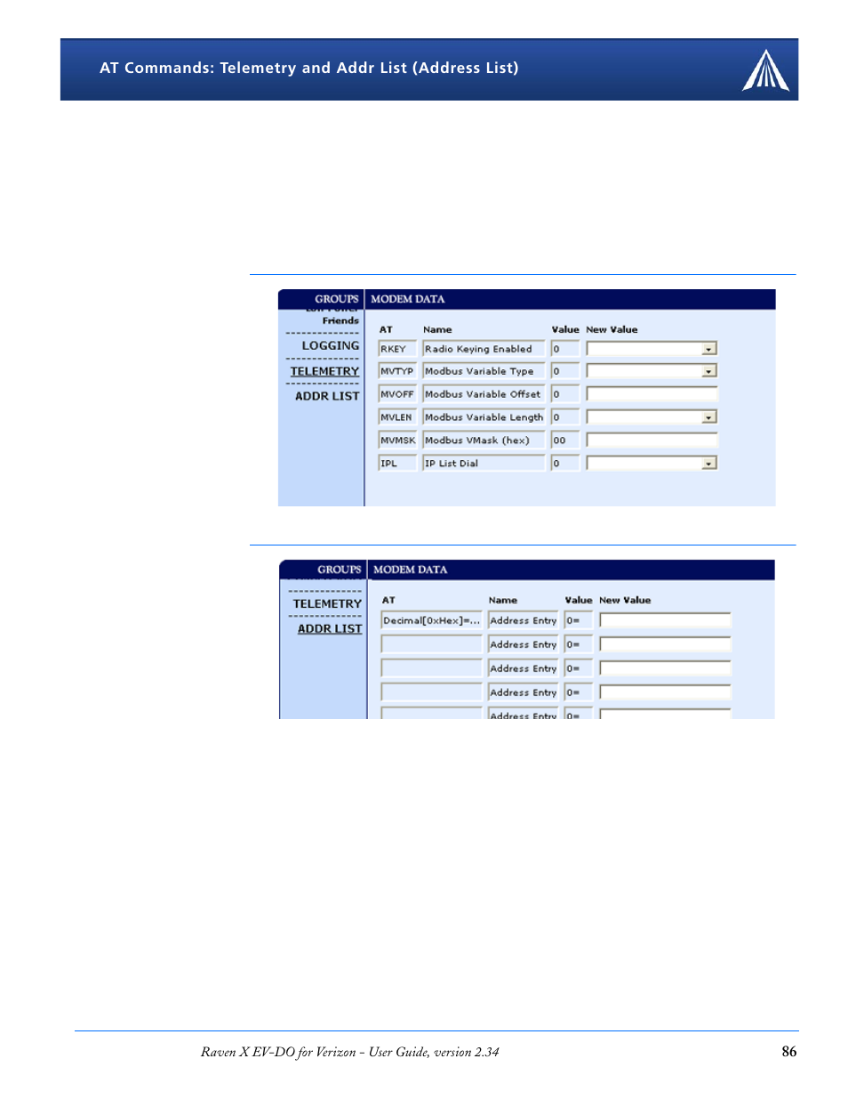 Telemetry and addr list (address list) | Airlink X EV-DO User Manual | Page 92 / 145