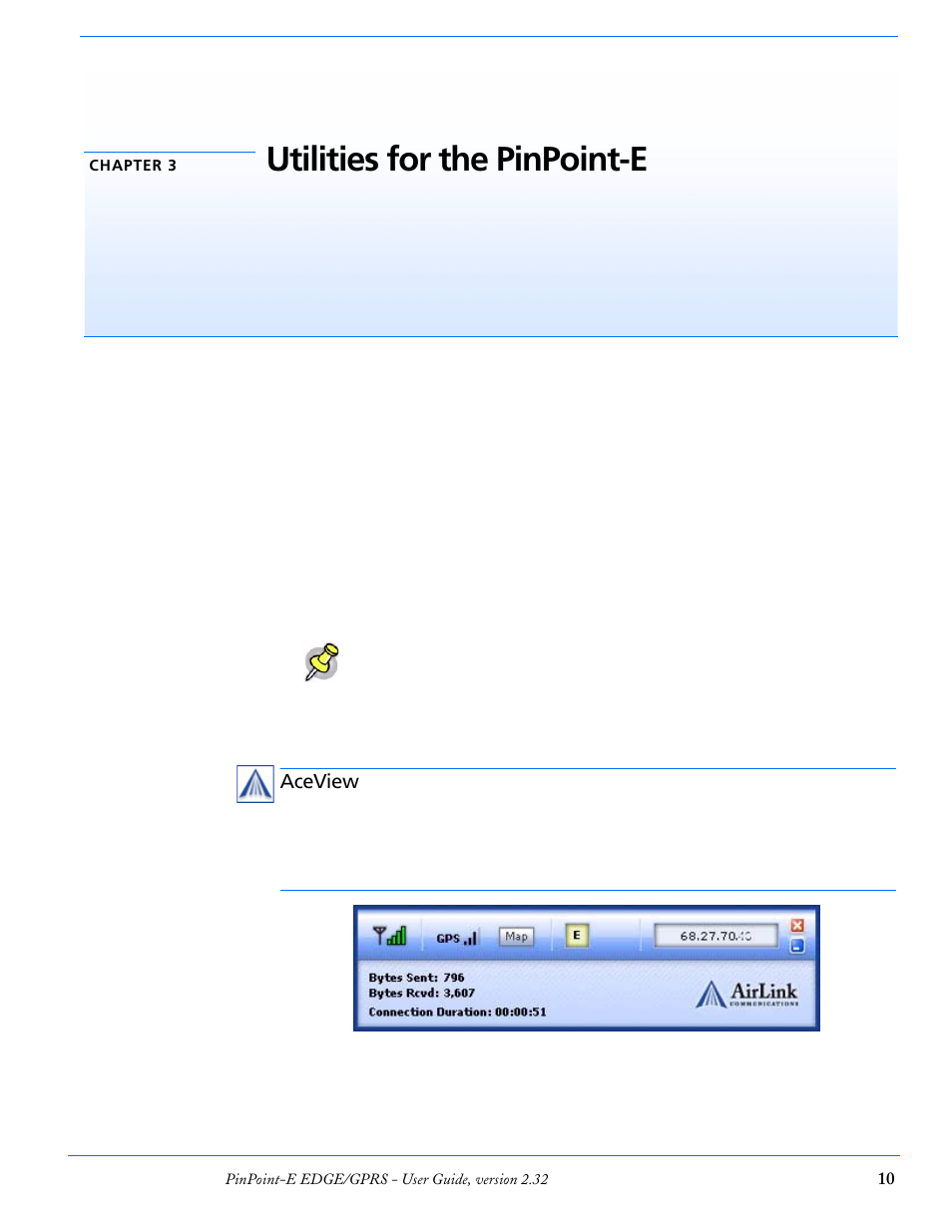 Chapter 3 utilities for the pinpoint-e, Aceview, Utilities for the pinpoint-e | Airlink EDGE/GPRS User Manual | Page 16 / 157