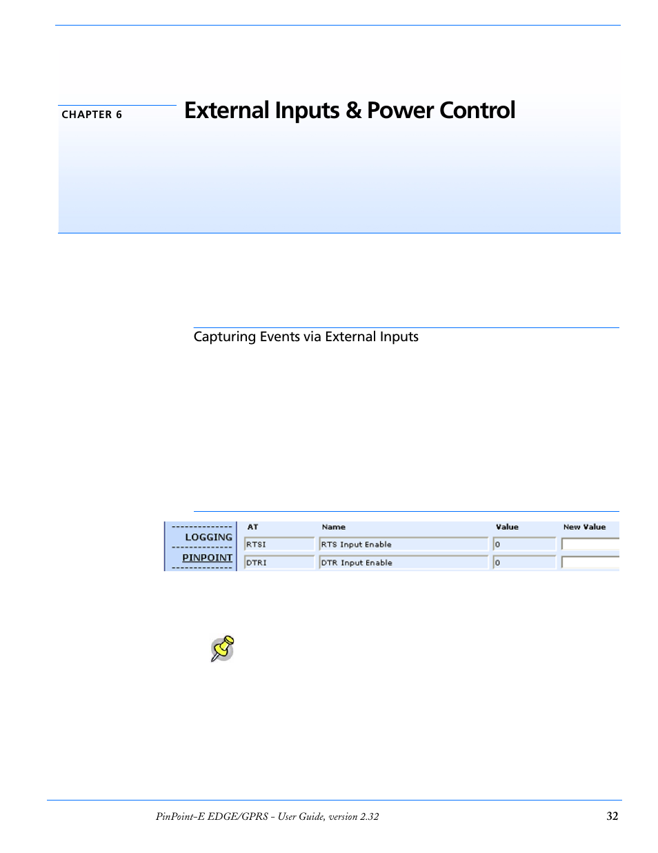 Chapter 6 external inputs & power control, Capturing events via external inputs, Setting the dtr and rts | Connecting to the serial port, External inputs & power control | Airlink EDGE/GPRS User Manual | Page 38 / 157