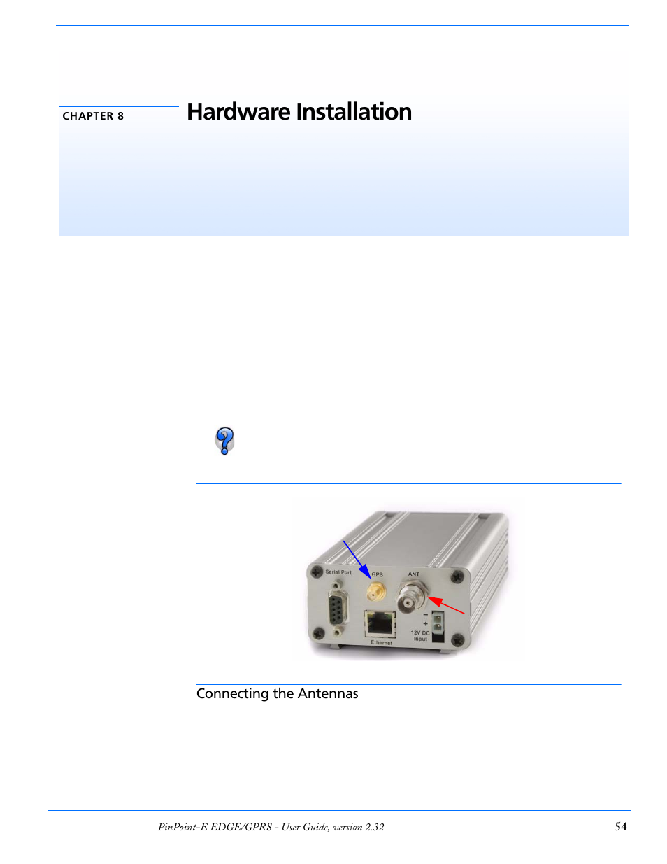 Chapter 8 hardware installation, Connecting the antennas, Hardware installation | Airlink EDGE/GPRS User Manual | Page 60 / 157