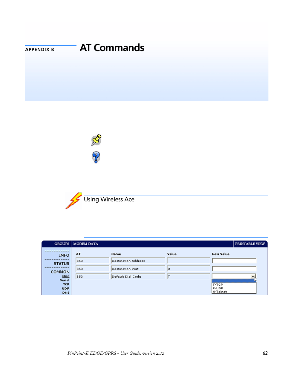 Appendix b at commands, Using wireless ace, At commands | Airlink EDGE/GPRS User Manual | Page 68 / 157