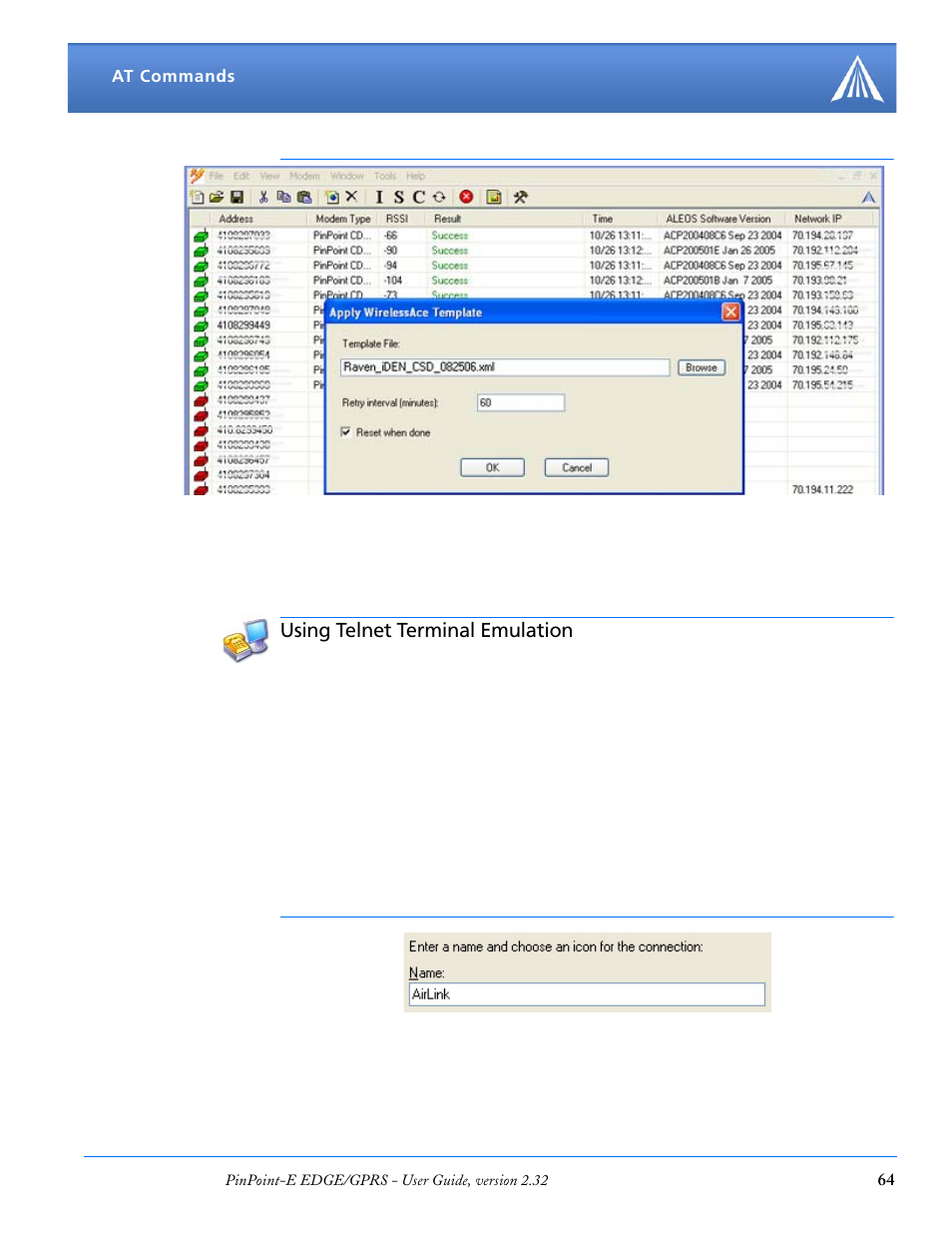 Using telnet terminal emulation | Airlink EDGE/GPRS User Manual | Page 70 / 157