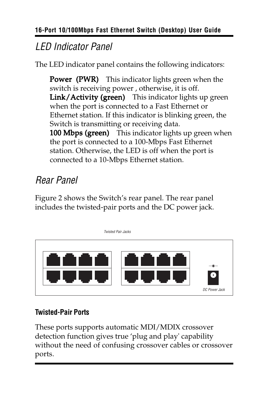 Led indicator panel, Rear panel, Figure 2. switch rear panel | Airlink UG-ASW116-1103 User Manual | Page 10 / 16