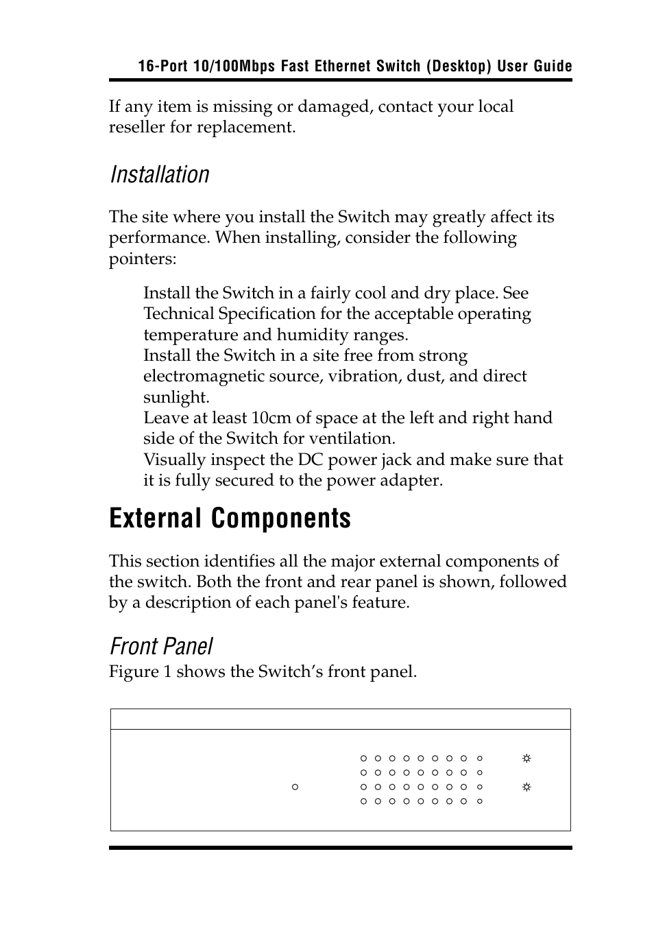 External components, Installation, Front panel | Airlink UG-ASW116-1103 User Manual | Page 9 / 16
