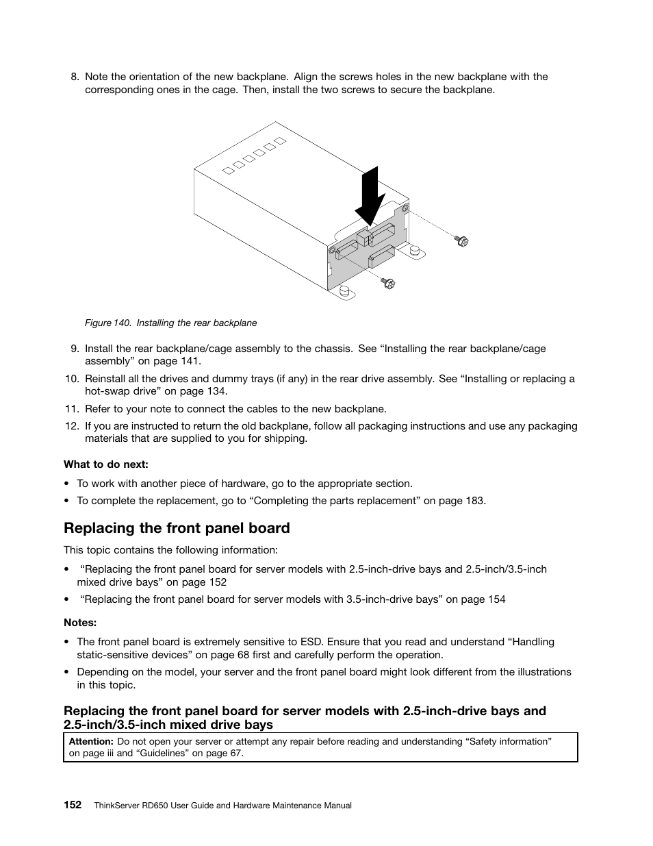 Replacing the front panel board | Lenovo ThinkServer RD650 User Manual | Page 166 / 226