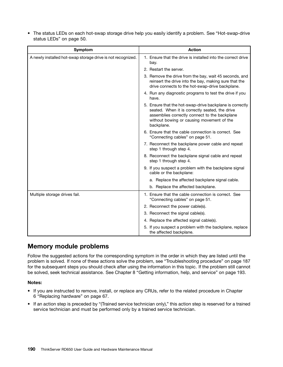 Memory module problems | Lenovo ThinkServer RD650 User Manual | Page 204 / 226