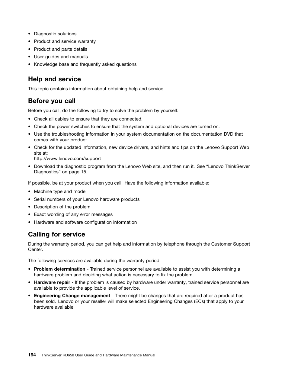 Help and service, Before you call, Calling for service | Lenovo ThinkServer RD650 User Manual | Page 208 / 226