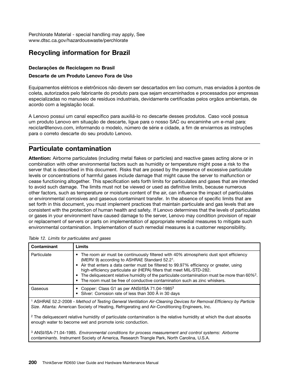 Recycling information for brazil, Particulate contamination | Lenovo ThinkServer RD650 User Manual | Page 214 / 226
