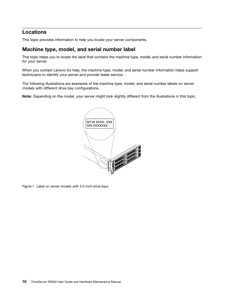 Locations, Machine type, model, and serial number label | Lenovo ThinkServer RD650 User Manual | Page 30 / 226