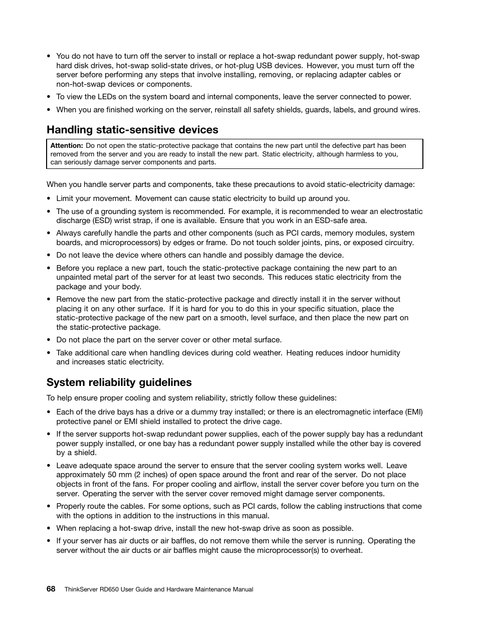 Handling static-sensitive devices, System reliability guidelines | Lenovo ThinkServer RD650 User Manual | Page 82 / 226