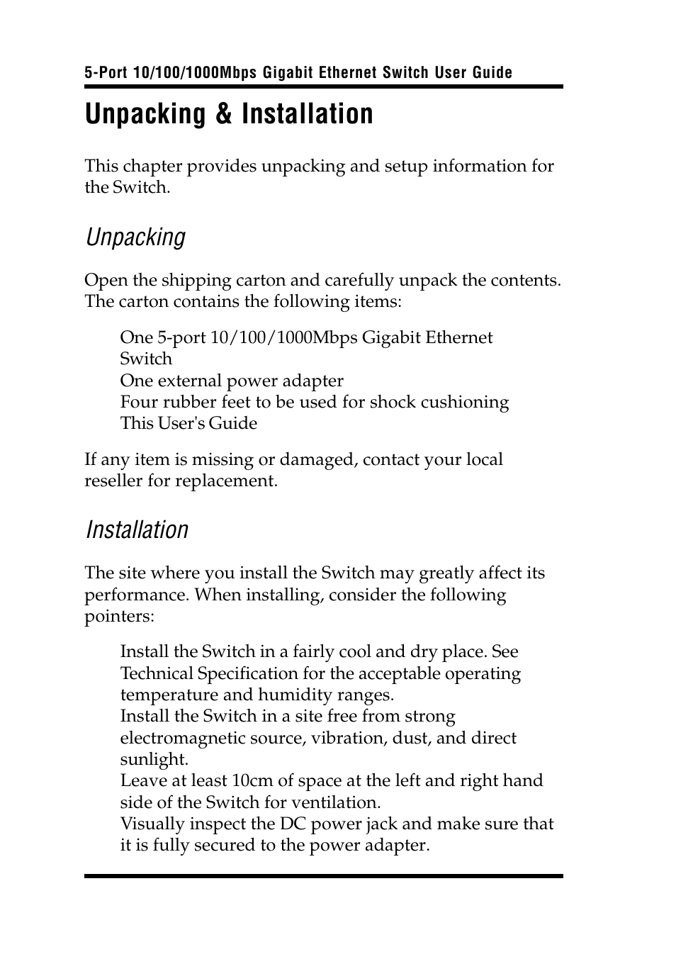Unpacking & installation, Unpacking, Installation | Airlink UG-AGIGA5SW-1105 User Manual | Page 8 / 16