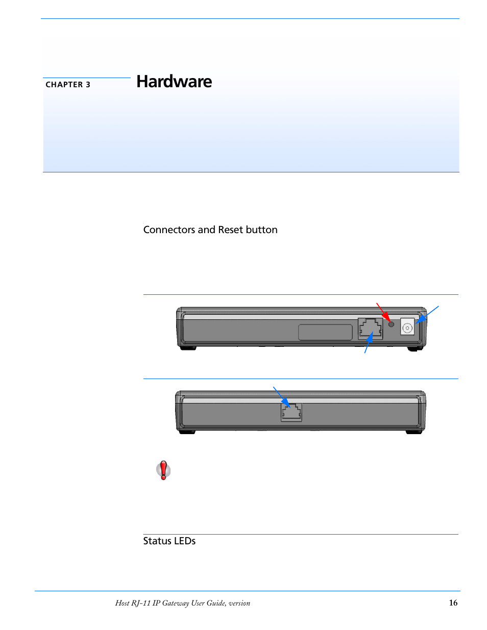 Chapter 3 hardware, Connectors and reset button, Status leds | Hardware, Connectors and reset button 16 | Airlink RJ-11 User Manual | Page 17 / 49