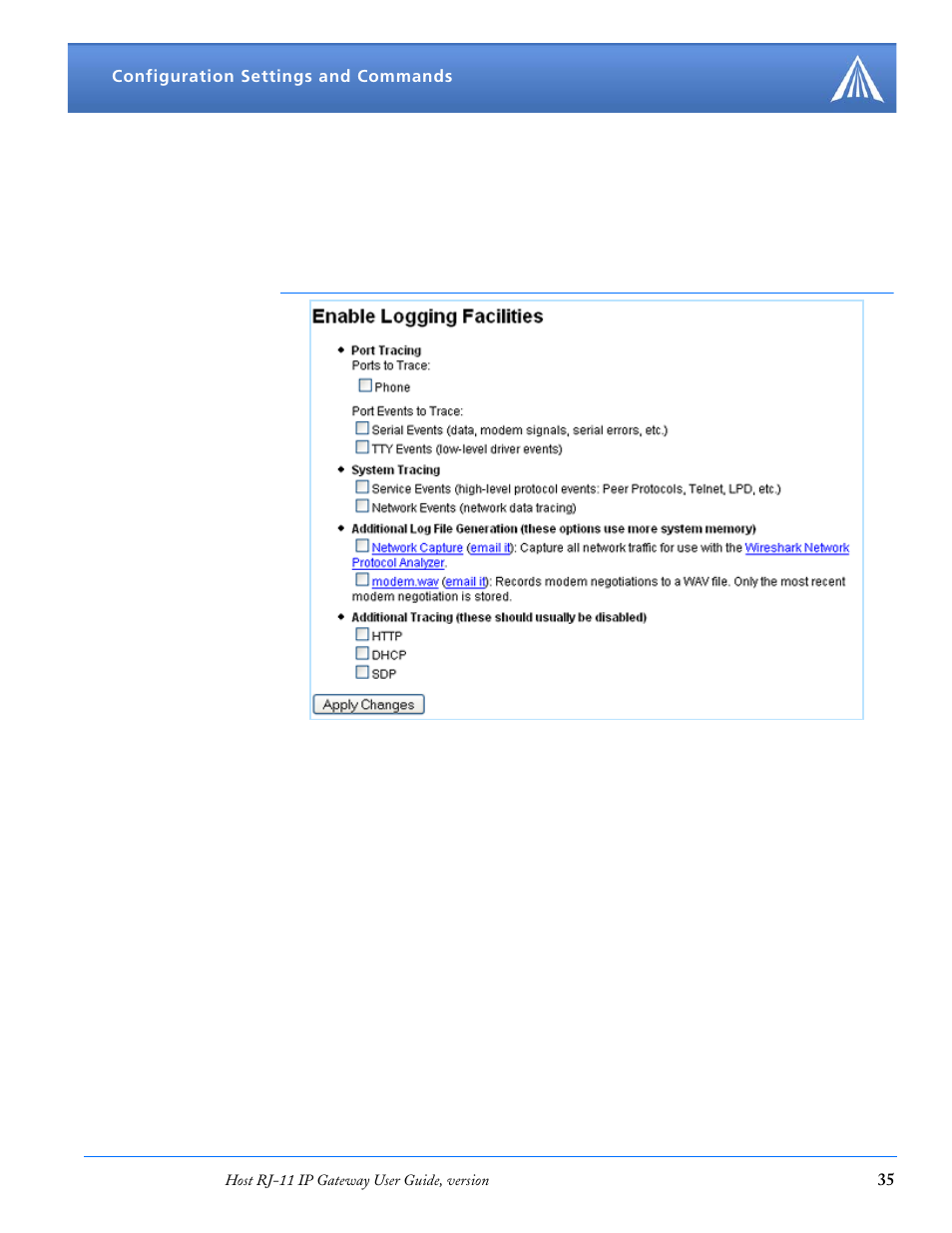 Log files and settings | Airlink RJ-11 User Manual | Page 36 / 49