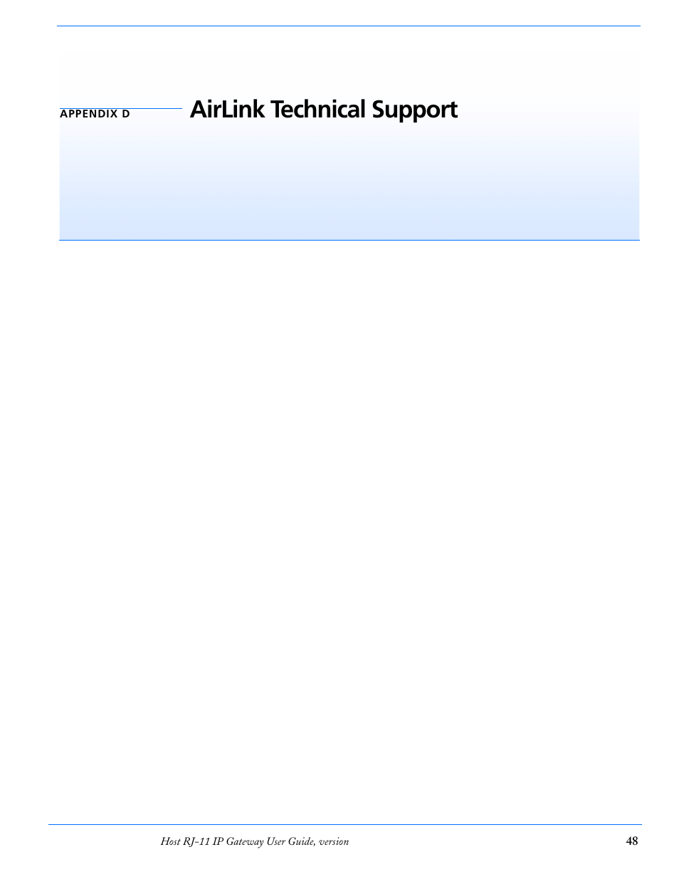 Appendix d airlink technical support, Airlink support web site, Airlink documentation and guides | Contacting technical support, Airlink technical support 48, Airlink technical support | Airlink RJ-11 User Manual | Page 49 / 49