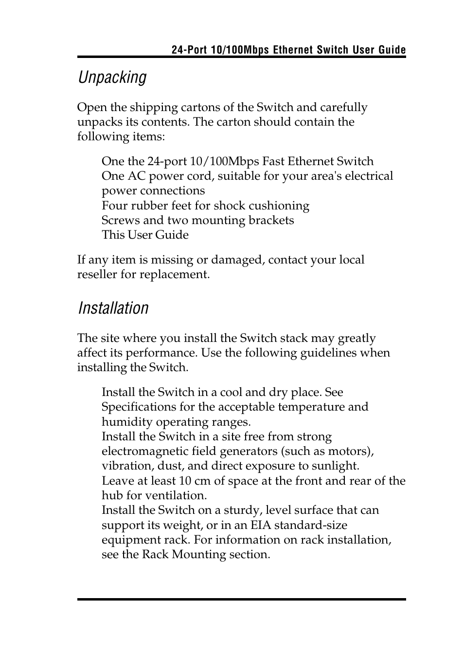 Unpacking, Installation | Airlink UG-ASW224-1103 User Manual | Page 11 / 20