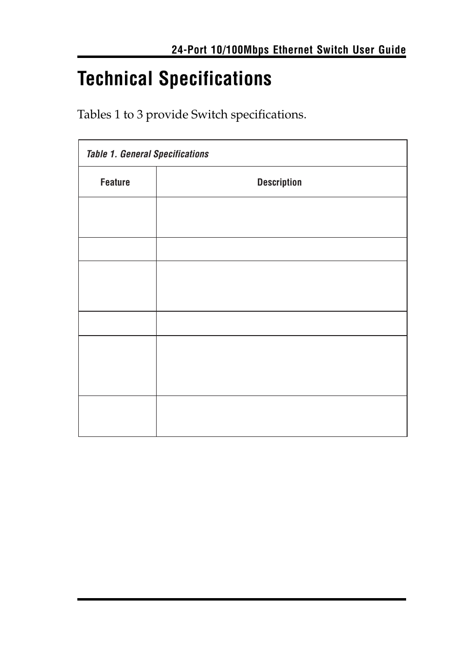Technical specifications, Tables 1 to 3 provide switch specifications | Airlink UG-ASW224-1103 User Manual | Page 17 / 20