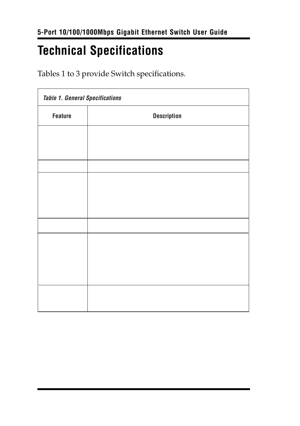 Technical specifications, Tables 1 to 3 provide switch specifications | Airlink 5-Port User Manual | Page 12 / 16