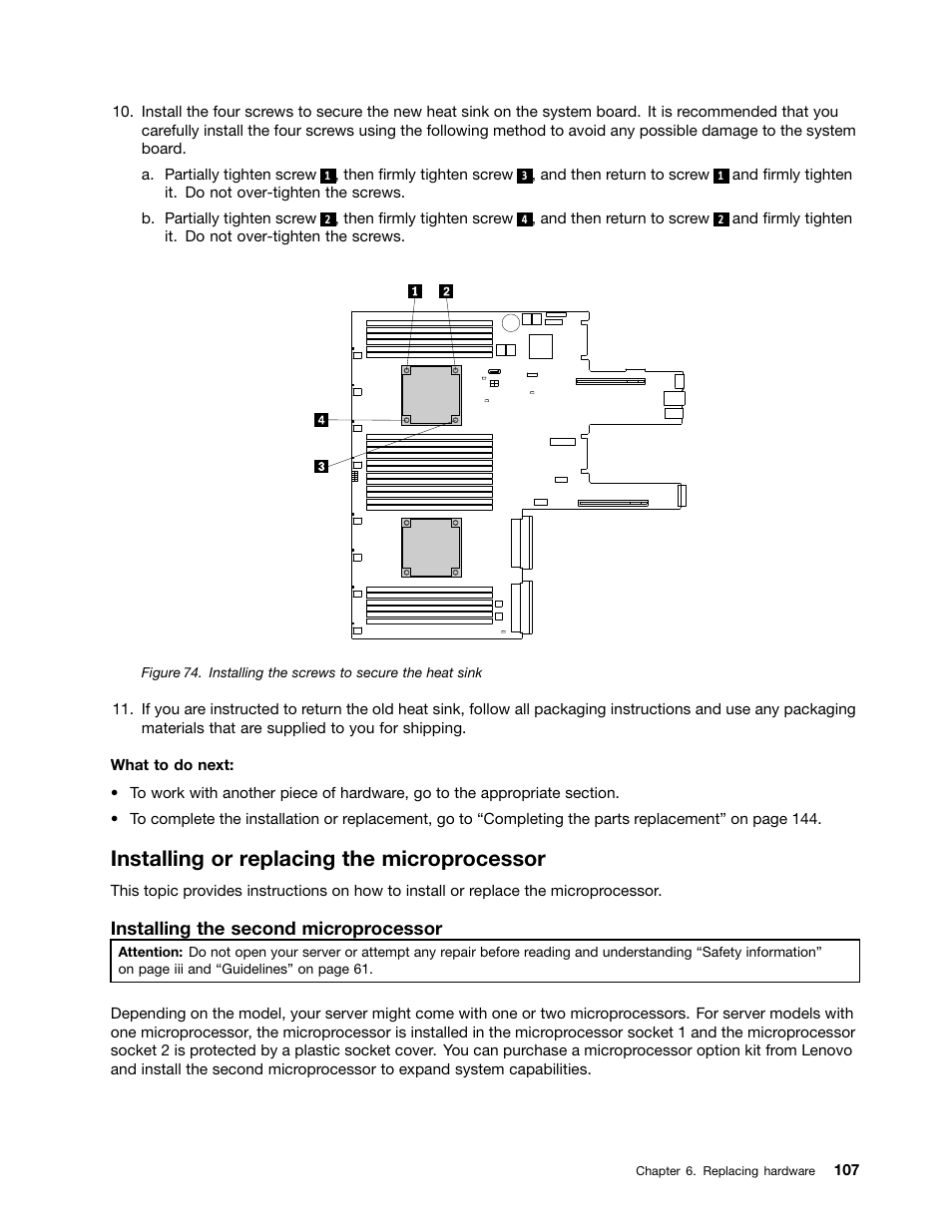Installing or replacing the microprocessor, Installing the second microprocessor | Lenovo ThinkServer RD550 User Manual | Page 121 / 184