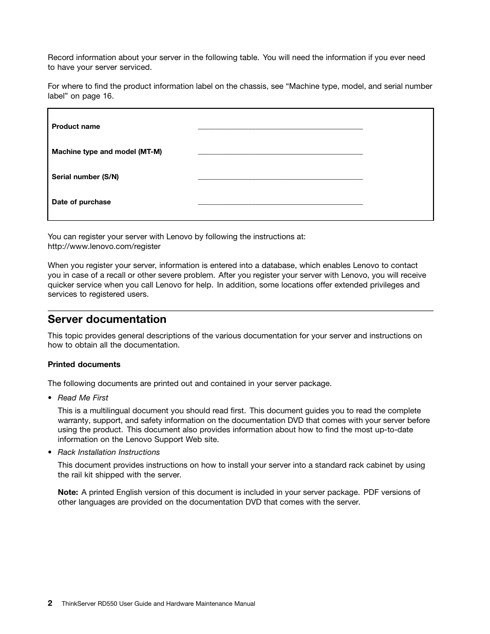 Server documentation | Lenovo ThinkServer RD550 User Manual | Page 16 / 184
