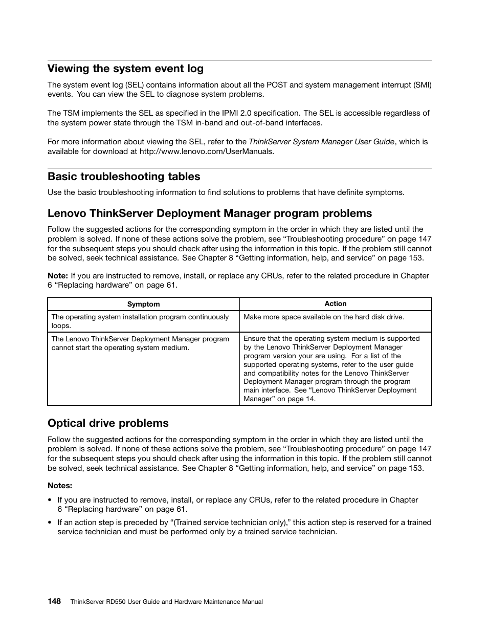 Viewing the system event log, Basic troubleshooting tables, Optical drive problems | Lenovo ThinkServer RD550 User Manual | Page 162 / 184