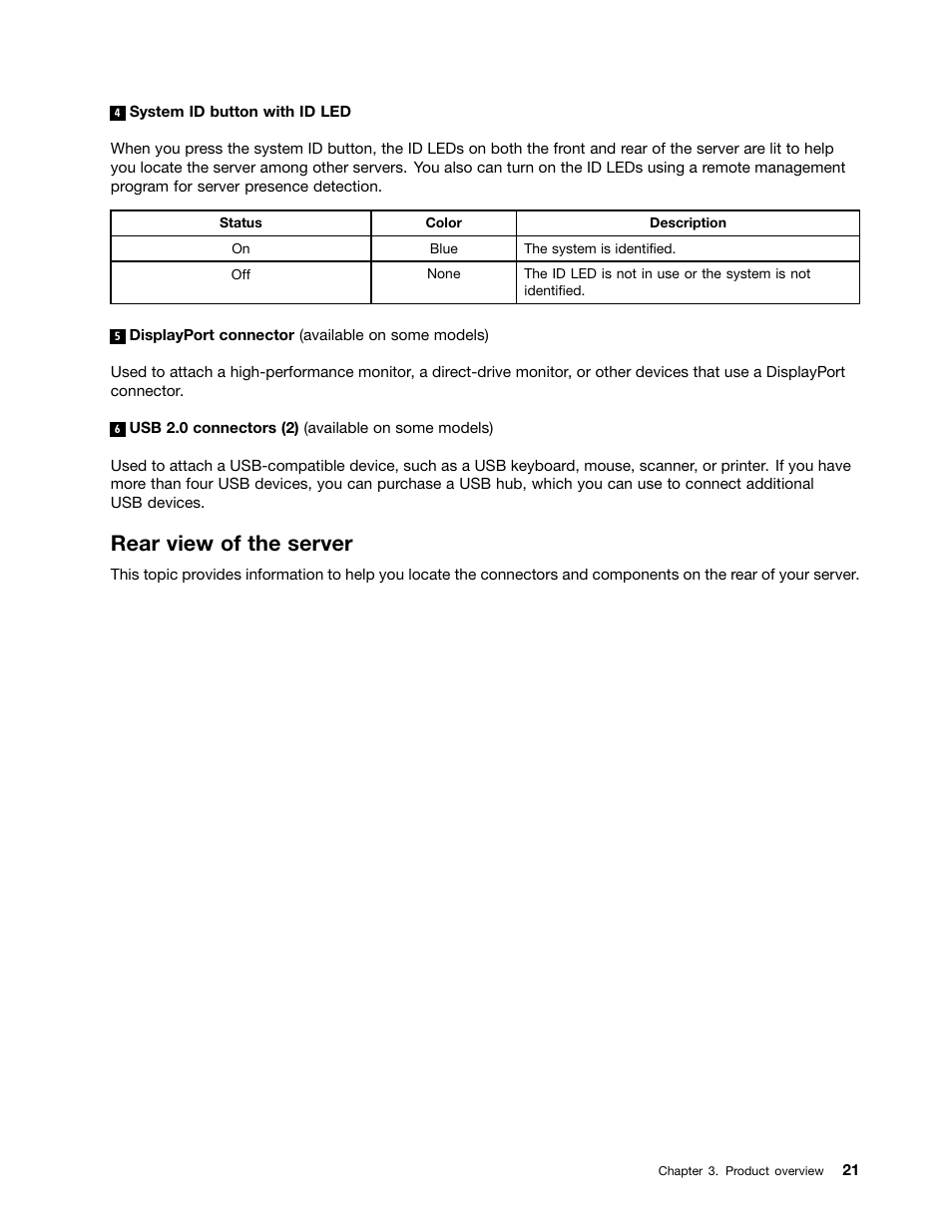 Rear view of the server | Lenovo ThinkServer RD550 User Manual | Page 35 / 184