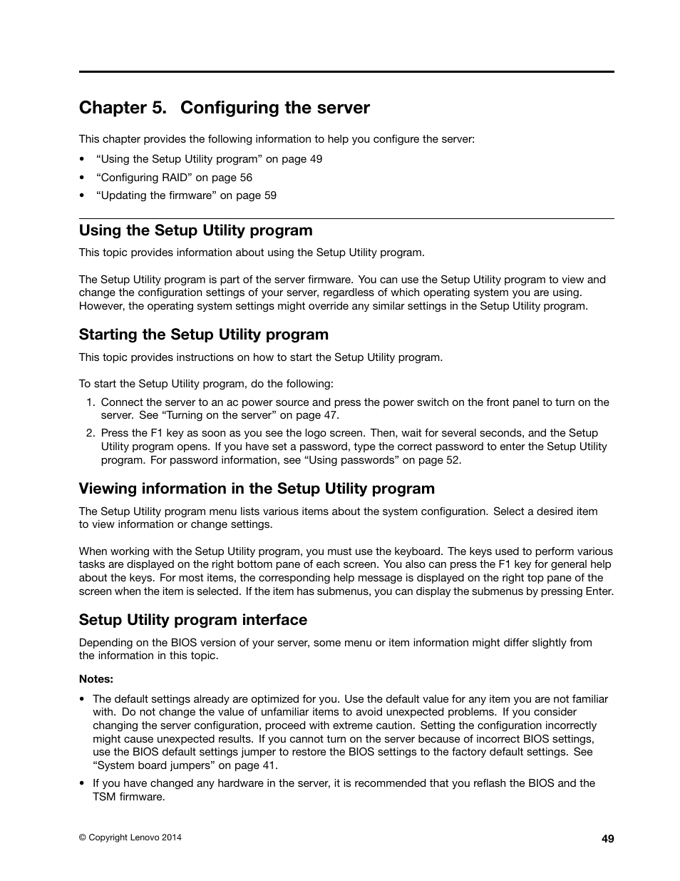 Chapter 5. configuring the server, Using the setup utility program, Starting the setup utility program | Viewing information in the setup utility program, Setup utility program interface, Using | Lenovo ThinkServer RD550 User Manual | Page 63 / 184