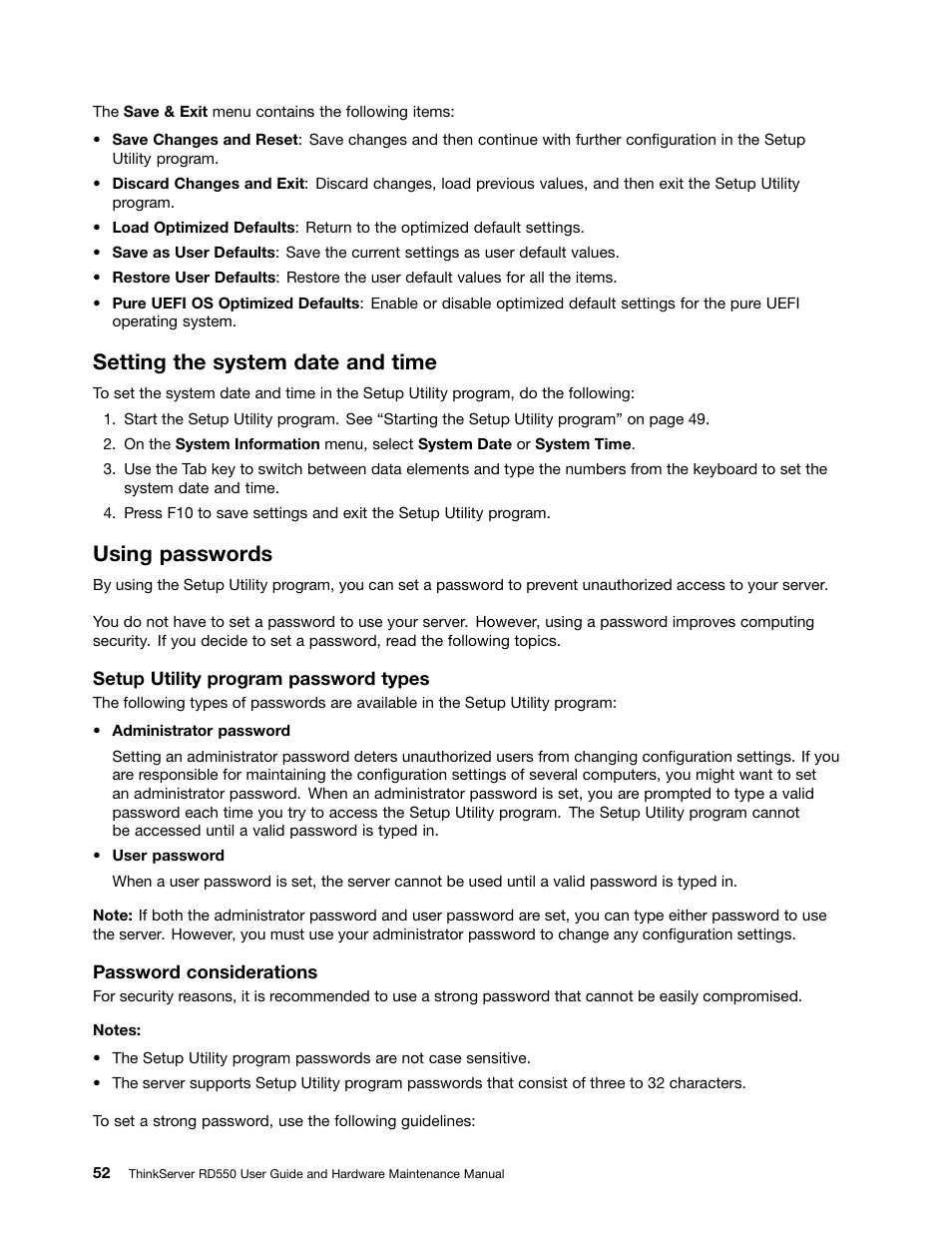 Setting the system date and time, Using passwords, Using | Lenovo ThinkServer RD550 User Manual | Page 66 / 184