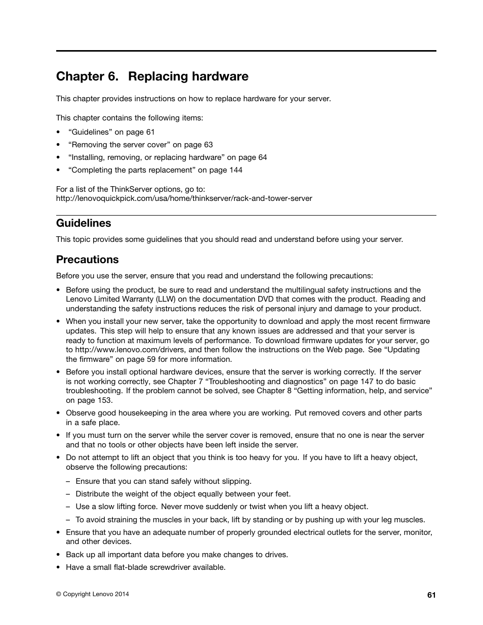 Chapter 6. replacing hardware, Guidelines, Precautions | Chapter 6 “replacing hardware | Lenovo ThinkServer RD550 User Manual | Page 75 / 184