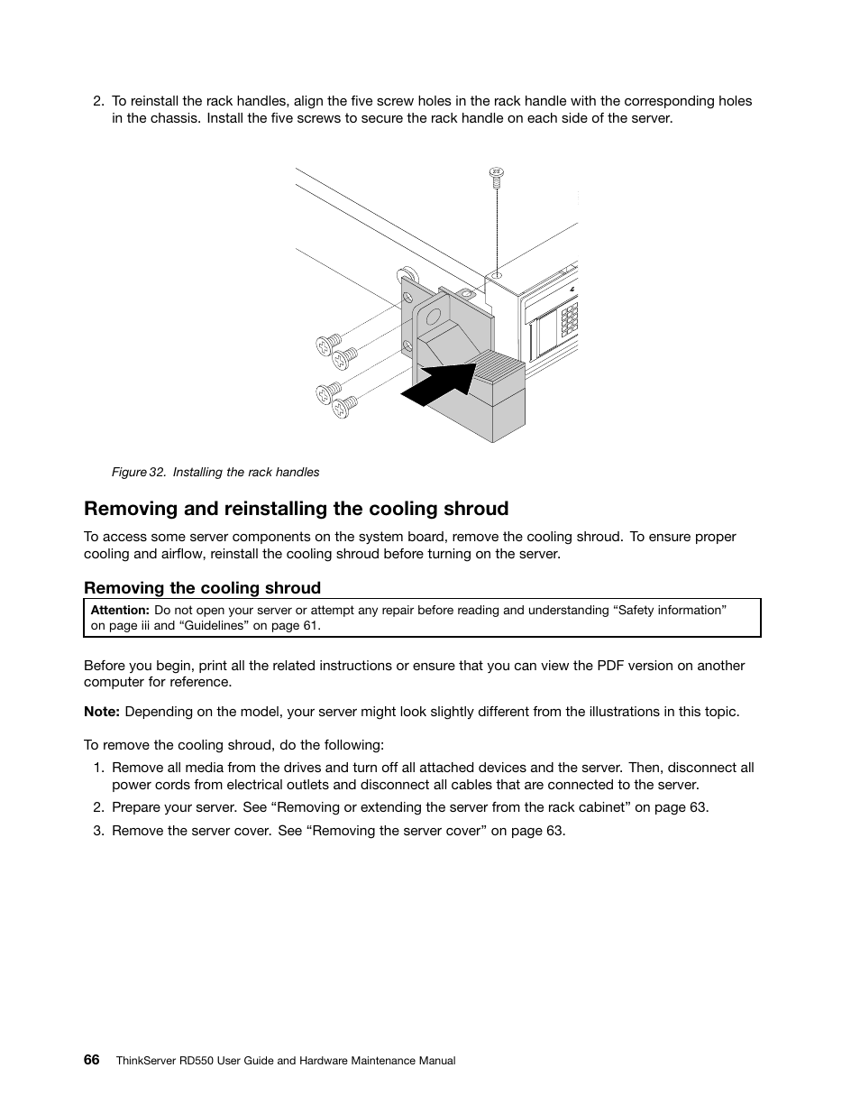Removing and reinstalling the cooling shroud | Lenovo ThinkServer RD550 User Manual | Page 80 / 184