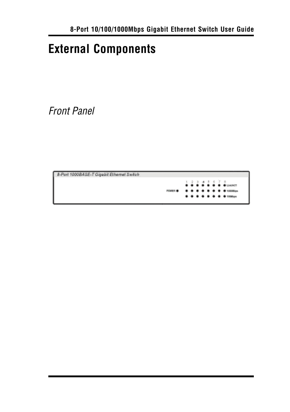 External components, Front panel | Airlink Port 10/100/1000Mbps Gigabit Ethernet Switch User Manual | Page 9 / 16