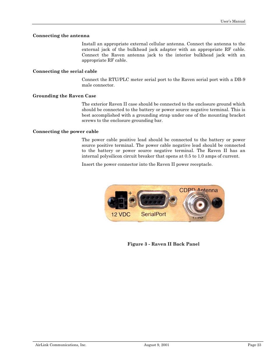 Connecting the antenna, Connecting the serial cable, Grounding the raven case | Connecting the power cable | Airlink Raven II User Manual | Page 27 / 32