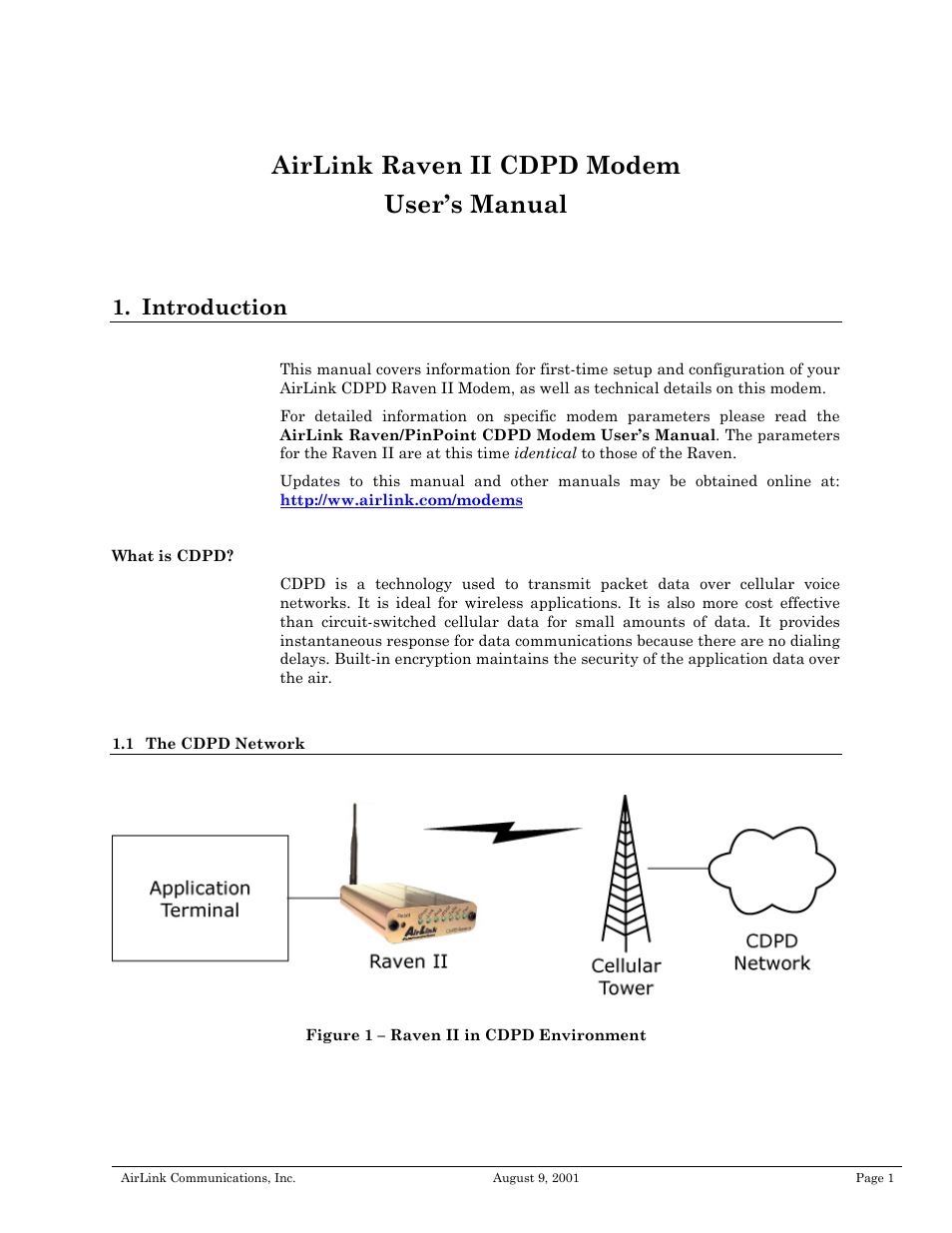 Introduction, The cdpd network, Airlink raven ii cdpd modem user’s manual | Airlink Raven II User Manual | Page 5 / 32