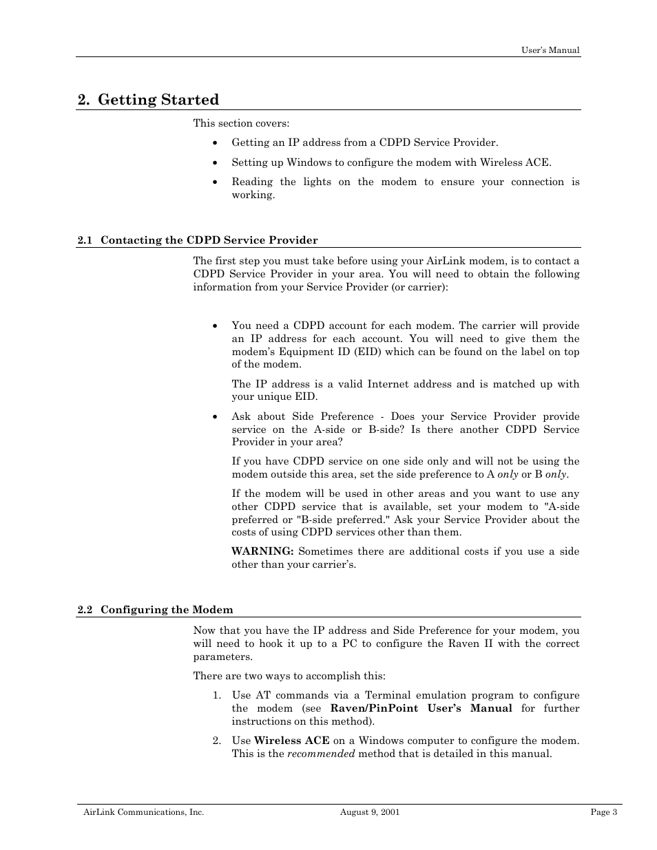 Getting started, Contacting the cdpd service provider, Configuring the modem | Airlink Raven II User Manual | Page 7 / 32