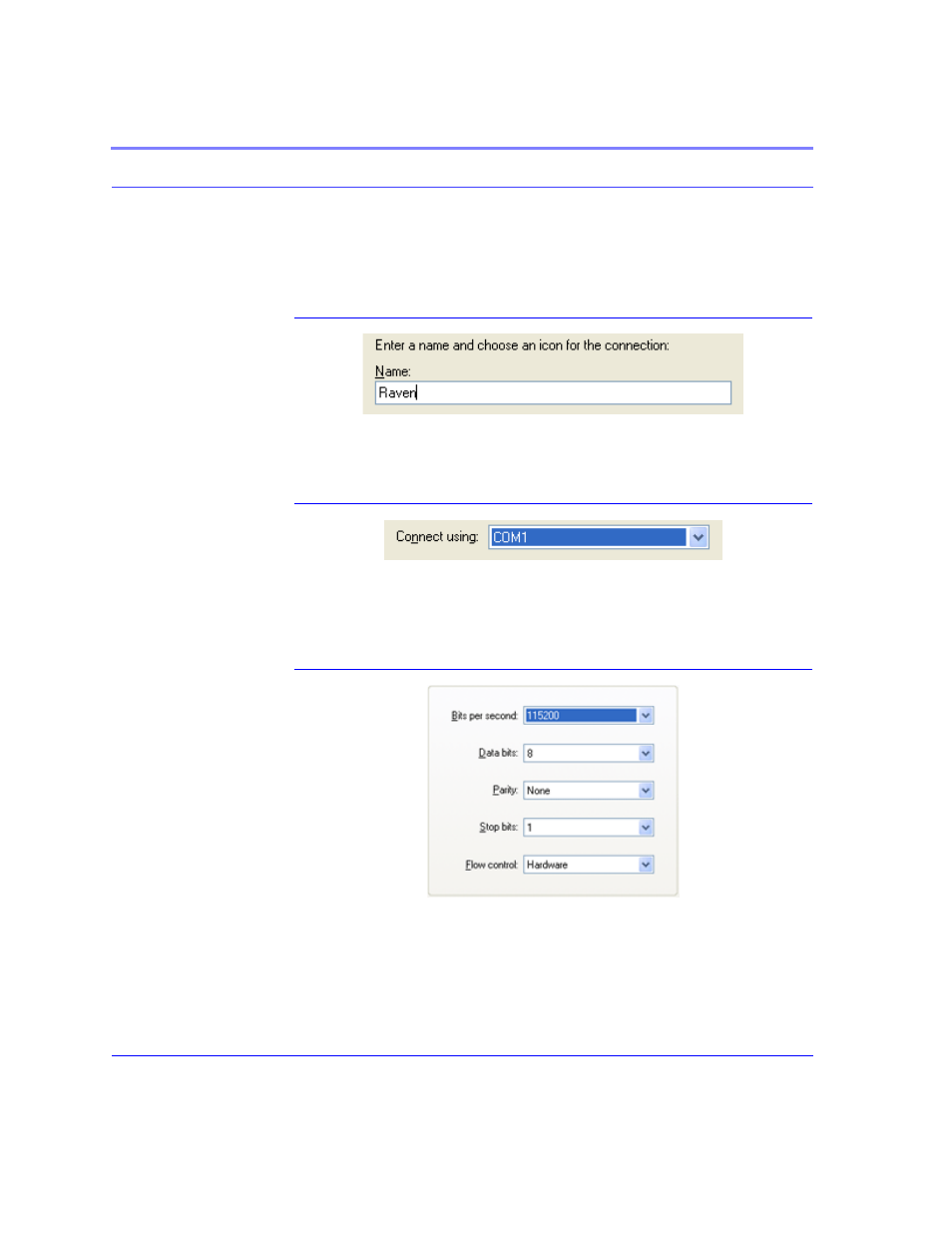 Figure 6. hyperterminal: connection name, Figure 7. hyperterminal: comport setting, Figure 8. hyperterminal: comport settings | Airlink Raven GPRS User Manual | Page 68 / 107
