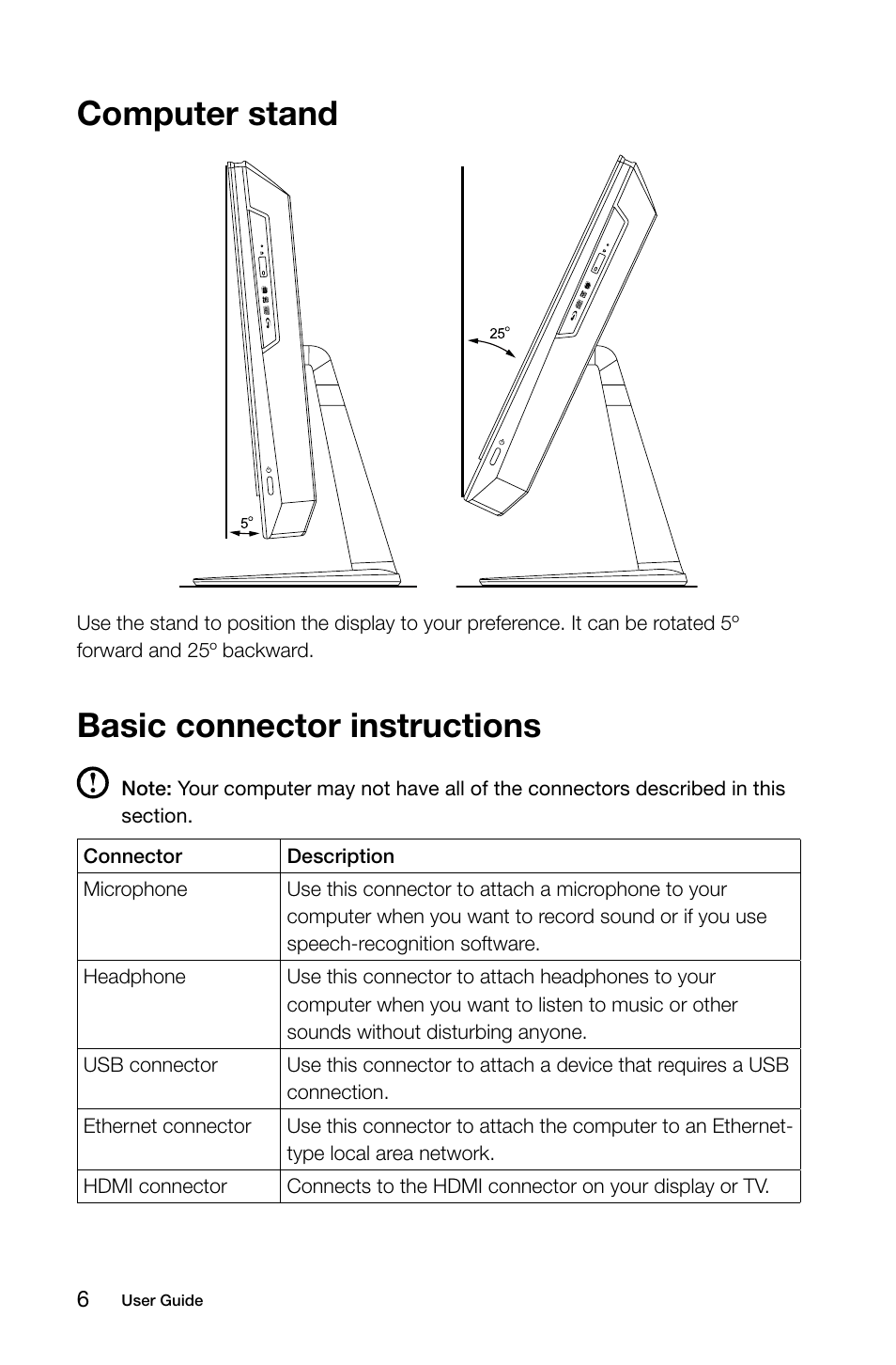 Computer stand, Basic connector instructions | Lenovo IdeaCentre B750 All-in-One User Manual | Page 11 / 53