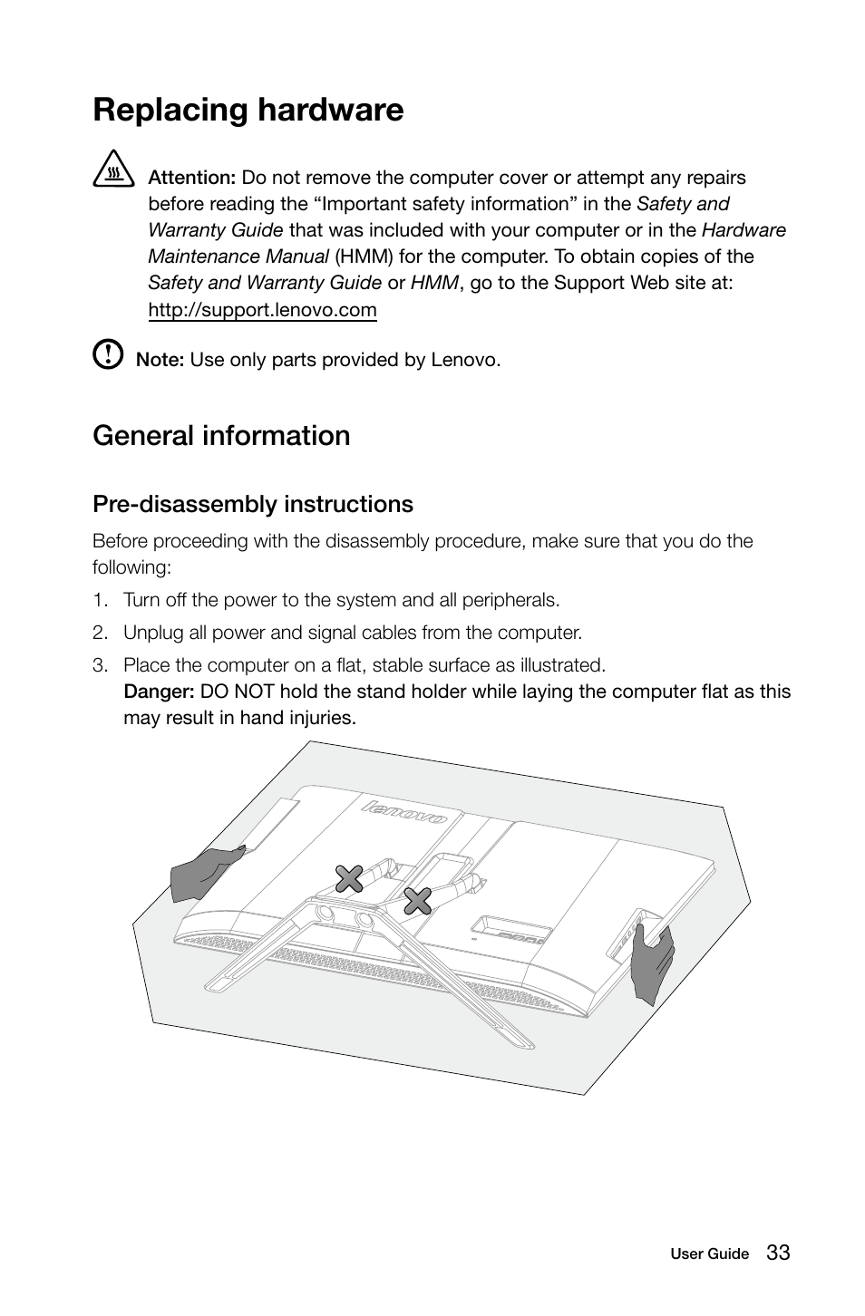 Replacing hardware, General information | Lenovo IdeaCentre B750 All-in-One User Manual | Page 38 / 53