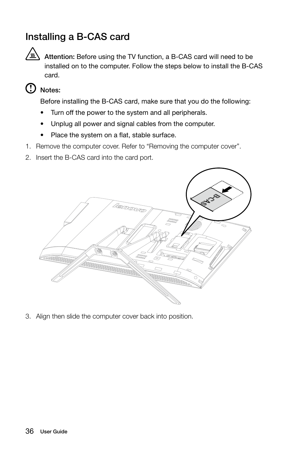 Installing a b-cas card | Lenovo IdeaCentre B750 All-in-One User Manual | Page 41 / 53