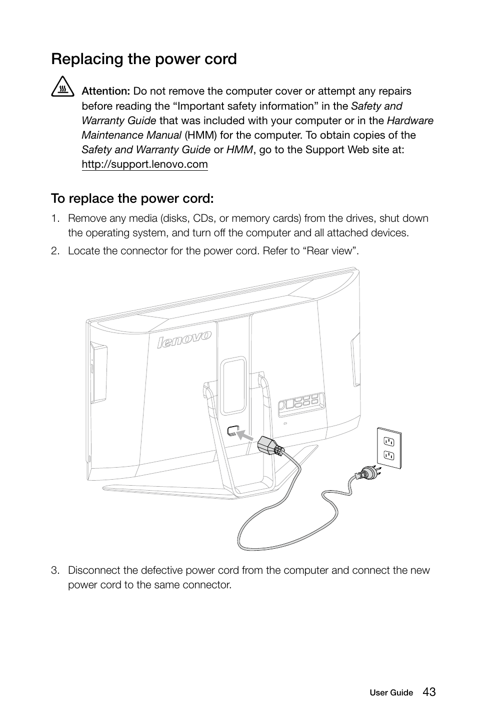 Replacing the power cord | Lenovo IdeaCentre B750 All-in-One User Manual | Page 48 / 53