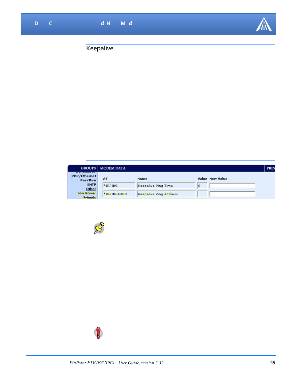 Keepalive, Configuring keepalive, Data usage using keepalive | Configuring keepalive data usage using keepalive | Airlink PinPoint EDGE/GPRS User Manual | Page 35 / 156