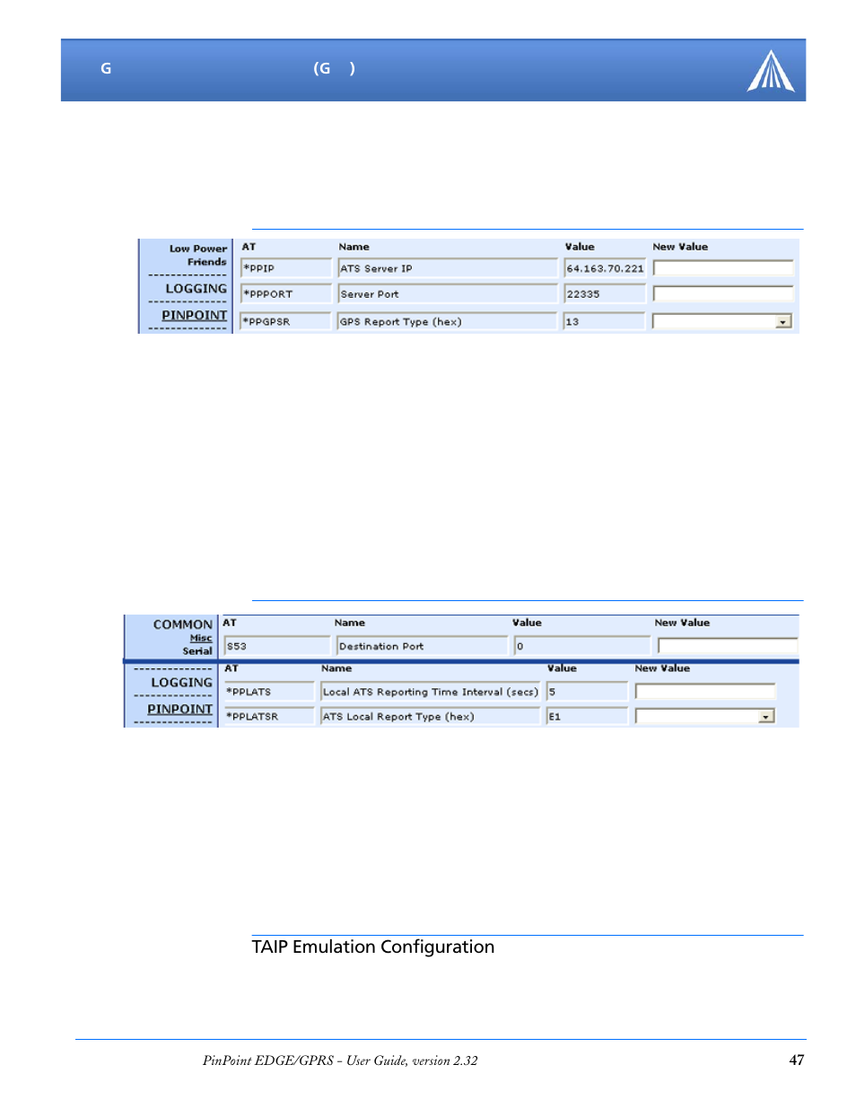 Nmea messages over-the-air (remote), Nmea messages over a local connection (ppp), Taip emulation configuration | Airlink PinPoint EDGE/GPRS User Manual | Page 53 / 156