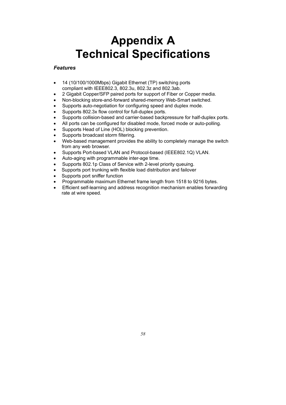 Appendix a technical specifications | Alloy Computer Products 16-PORT GIGABIT WEB SMART SWITCH GSS-16T2SFP User Manual | Page 64 / 66