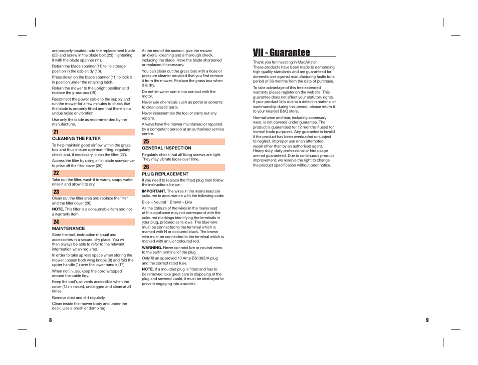 Vii - guarantee | MAC Allister MAC1700RMA User Manual | Page 7 / 9