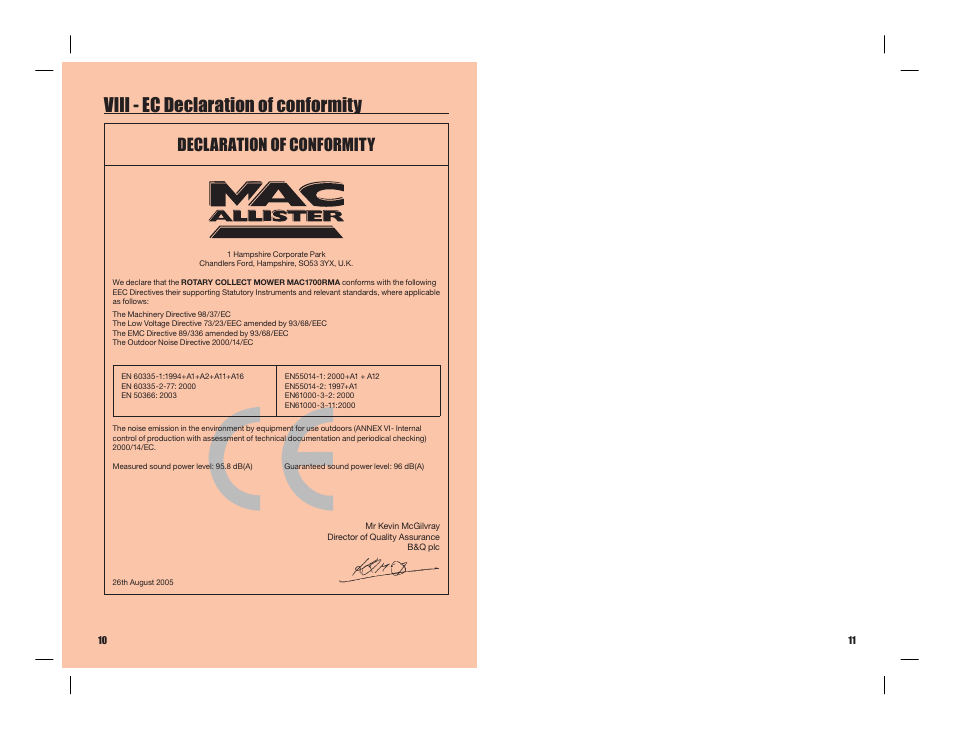 Viii - ec declaration of conformity, Declaration of conformity | MAC Allister MAC1700RMA User Manual | Page 8 / 9