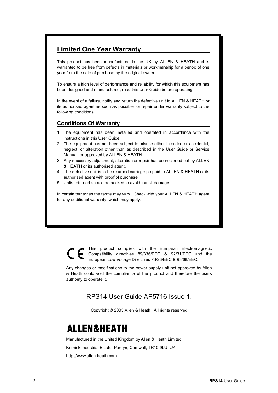 Limited one year warranty, Conditions of warranty | Allen & Heath RPS14 User Manual | Page 2 / 8