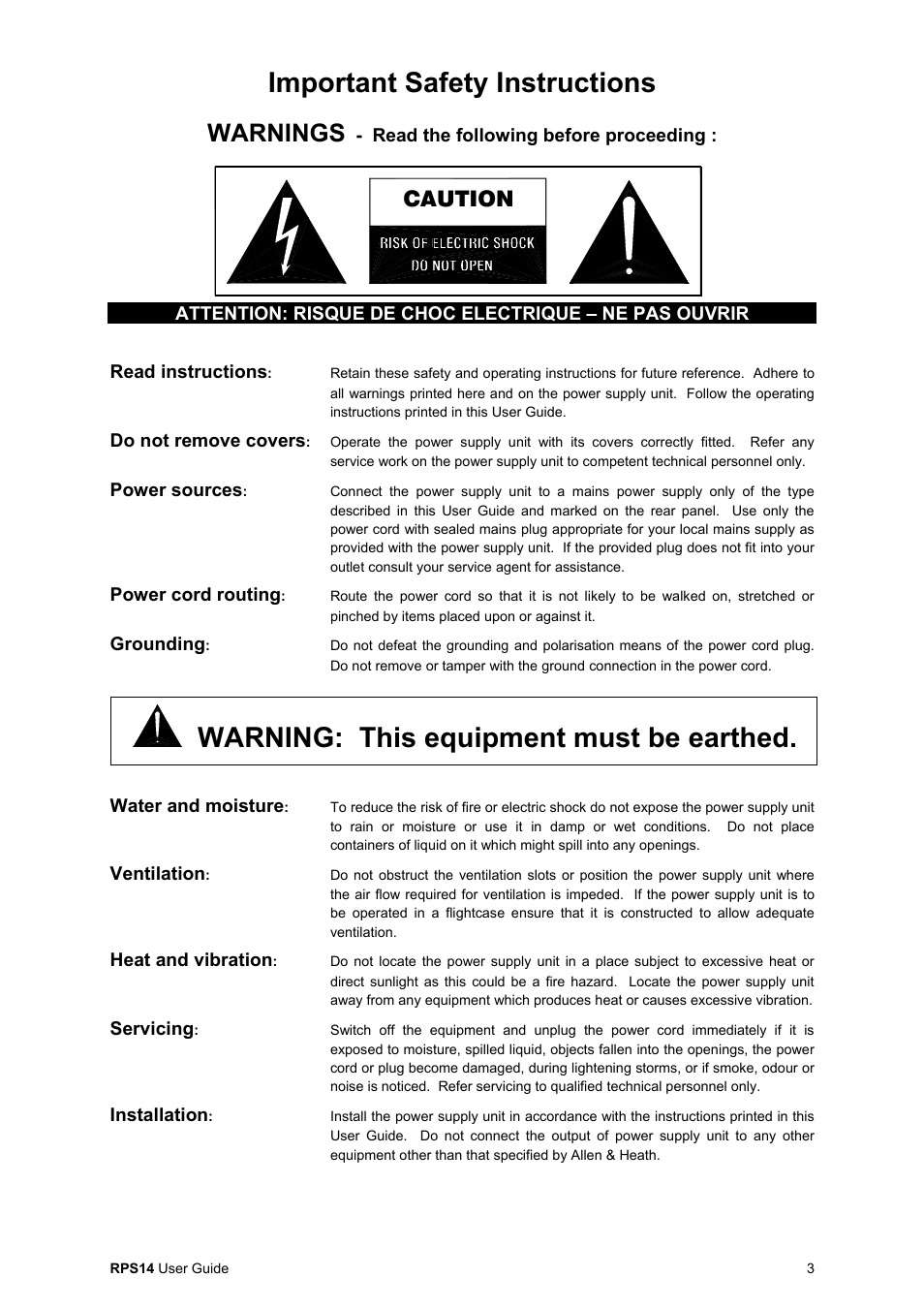 Important safety instructions, Warning: this equipment must be earthed, Warnings | Caution | Allen & Heath RPS14 User Manual | Page 3 / 8