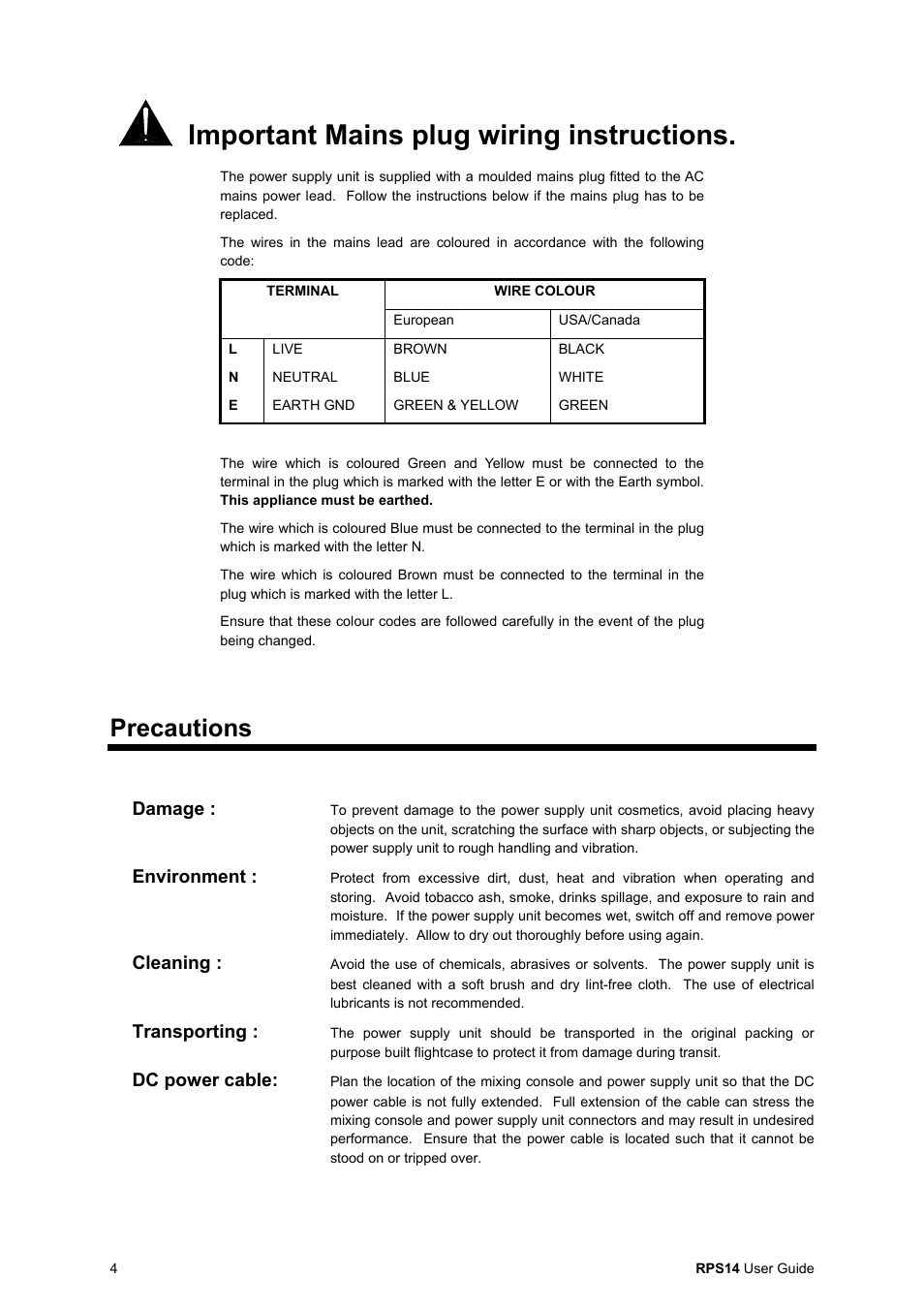 Important mains plug wiring instructions, Precautions, Damage | Environment, Cleaning, Transporting, Dc power cable | Allen & Heath RPS14 User Manual | Page 4 / 8