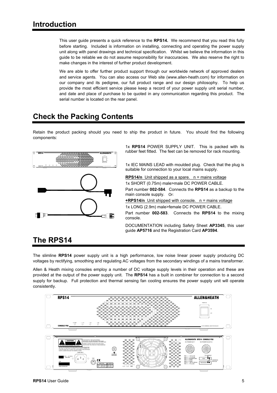 Introduction, Check the packing contents, The rps14 | Rps14 user guide 5, Rps14 allen&heath | Allen & Heath RPS14 User Manual | Page 5 / 8