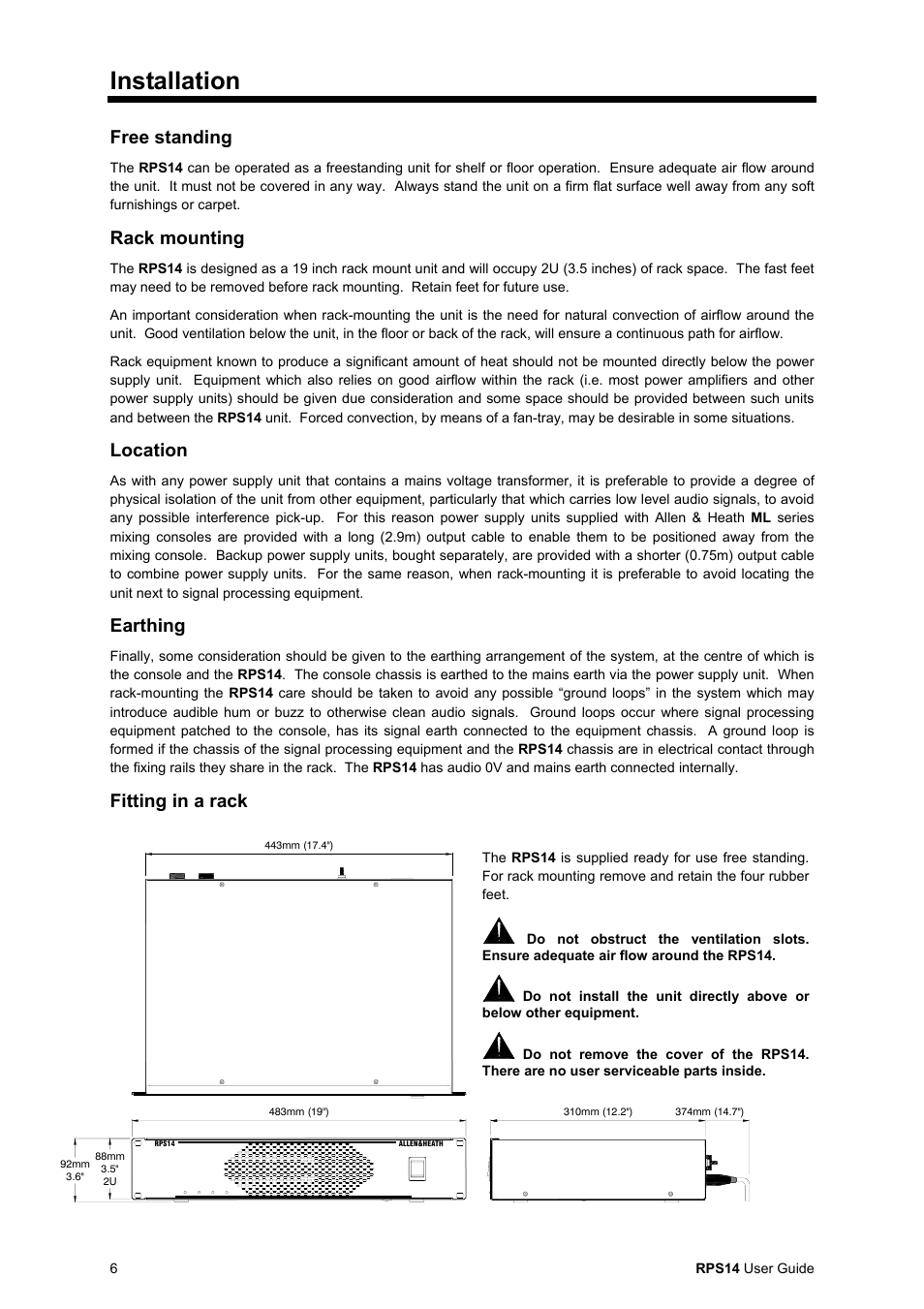 Installation, Free standing, Rack mounting | Location, Earthing, Fitting in a rack | Allen & Heath RPS14 User Manual | Page 6 / 8