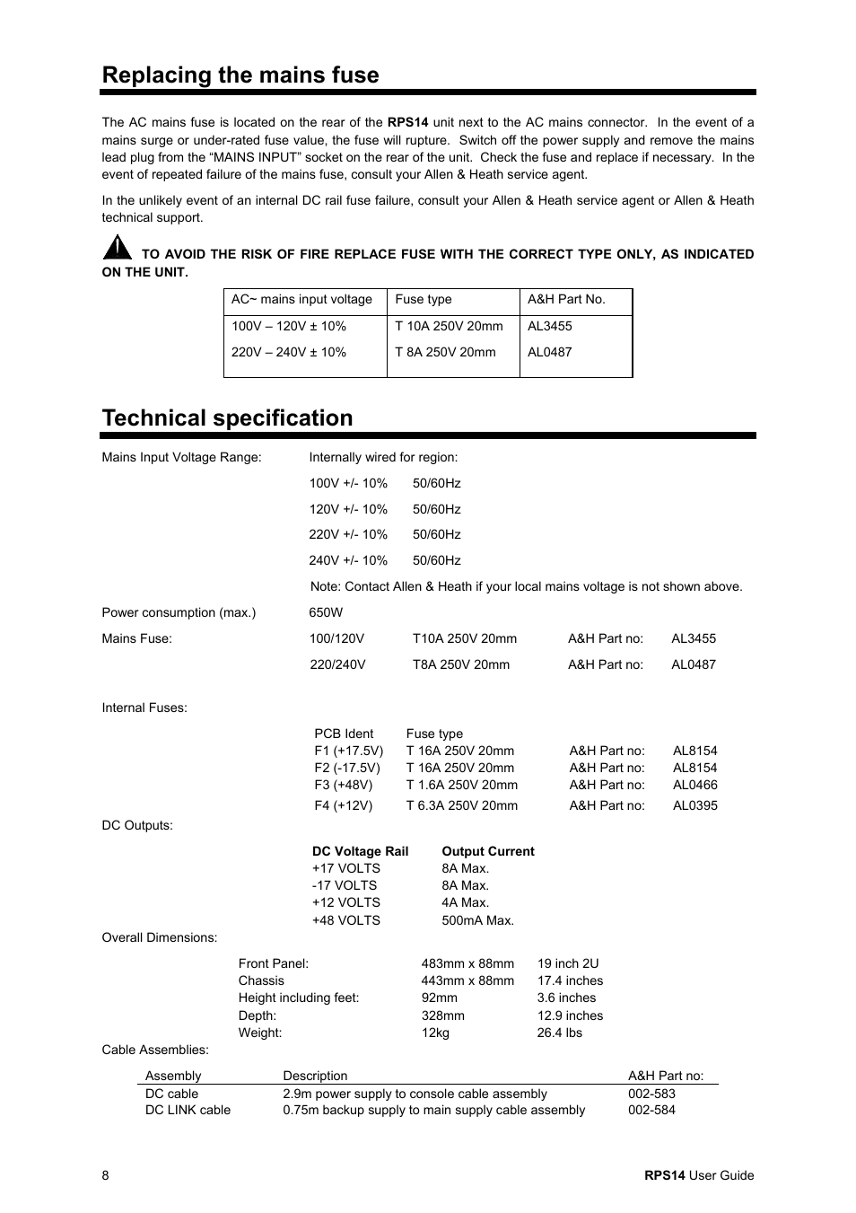Replacing the mains fuse, Technical specification | Allen & Heath RPS14 User Manual | Page 8 / 8